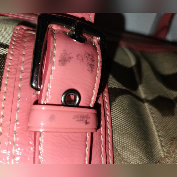 Coach Fabric & Patent Leather Handbag Bag in Pink and Taupe, Style # F13812 - Picture 9 of 16